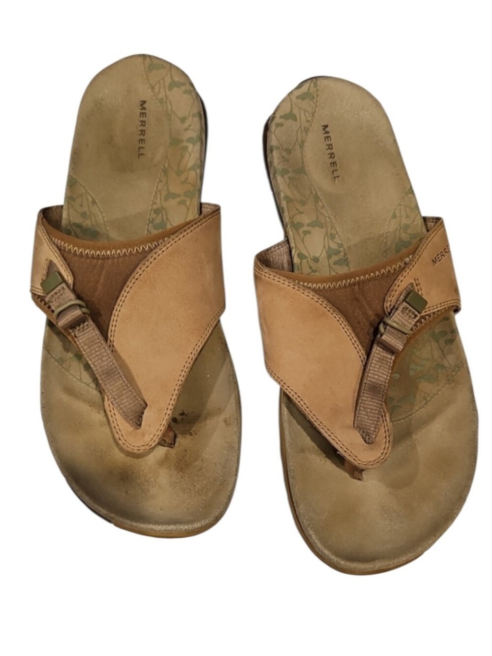 Merrell Senise Tan/Brown Leather Slide Thong Sandals, Size 10